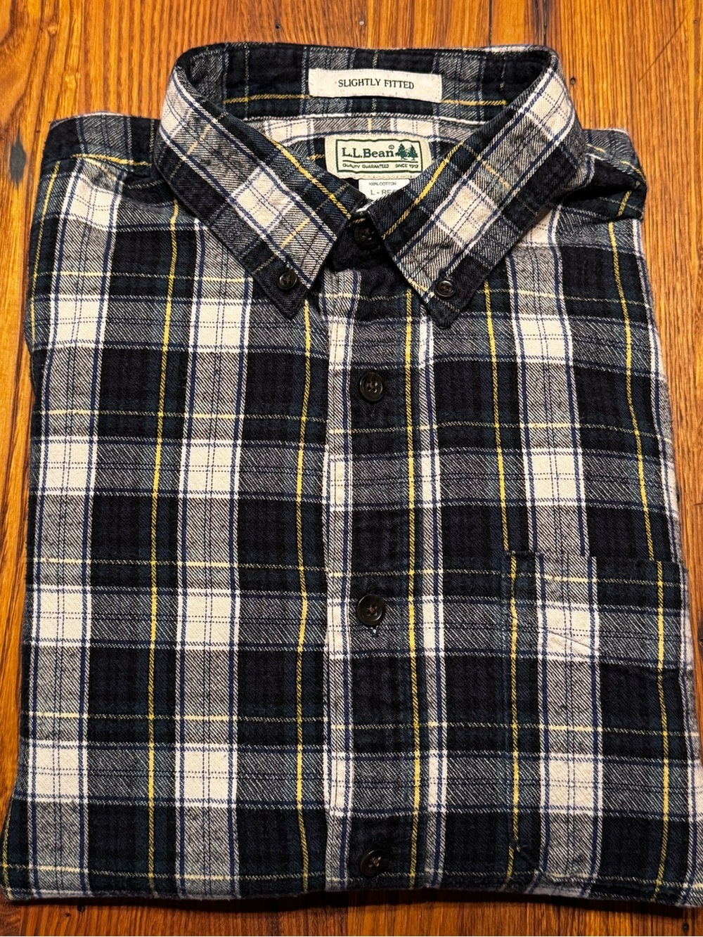 L.L.Bean Slightly Fitted Flannel Shirt – Navy Plaid with Yellow, L Regular